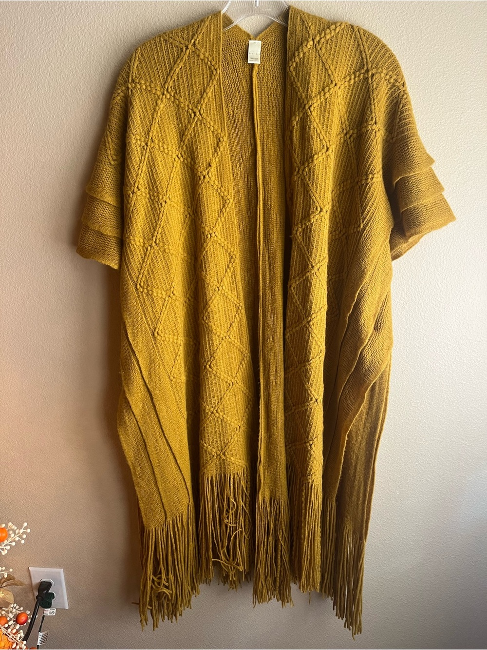Open-Front Fringe Poncho in Mustard